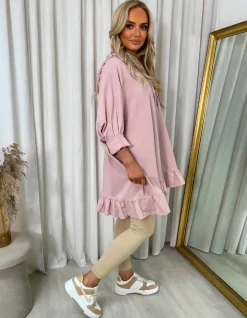 Pink Lillian Oversized Frill Hem Long Sleeve Hooded Top<IKRUSH Outlet