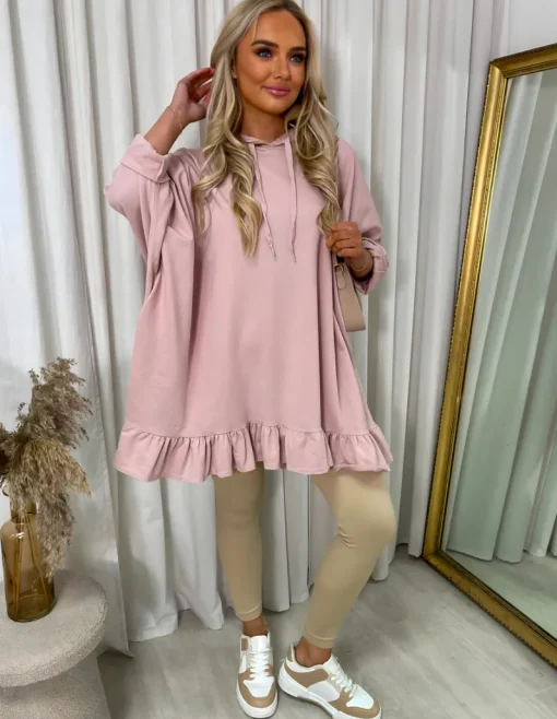 Pink Lillian Oversized Frill Hem Long Sleeve Hooded Top<IKRUSH Outlet
