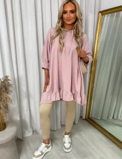 Pink Lillian Oversized Frill Hem Long Sleeve Hooded Top<IKRUSH Outlet