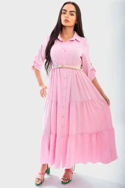 Pink Raya Belted Button Down Tiered Maxi Dress<IKRUSH Clearance