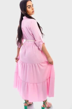 Pink Raya Belted Button Down Tiered Maxi Dress<IKRUSH Clearance