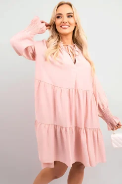 Pink Renata Long Sleeve Front Tie Tiered Mini Dress<IKRUSH Discount