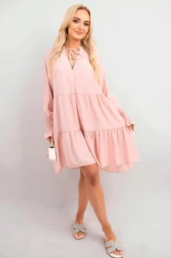 Pink Renata Long Sleeve Front Tie Tiered Mini Dress<IKRUSH Discount