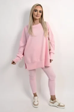 Pink Romina Long Sleeve Side Split Sweatshirt & Leggings Co-ord Set<IKRUSH Clearance