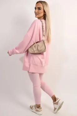 Pink Romina Long Sleeve Side Split Sweatshirt & Leggings Co-ord Set<IKRUSH Clearance