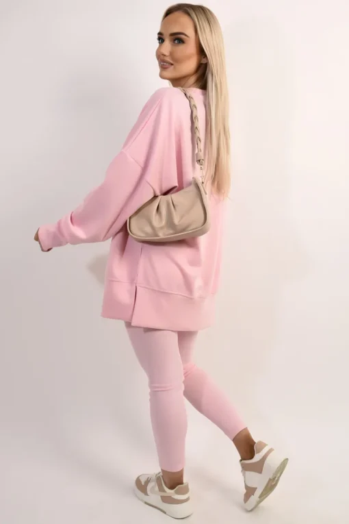 Pink Romina Long Sleeve Side Split Sweatshirt & Leggings Co-ord Set<IKRUSH Clearance