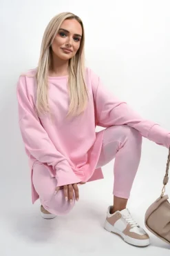 Pink Romina Long Sleeve Side Split Sweatshirt & Leggings Co-ord Set<IKRUSH Clearance