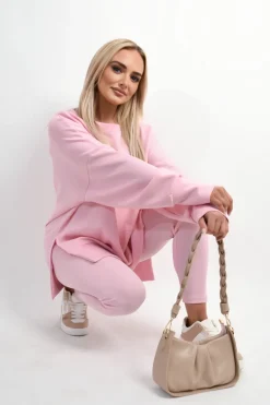 Pink Romina Long Sleeve Side Split Sweatshirt & Leggings Co-ord Set<IKRUSH Clearance