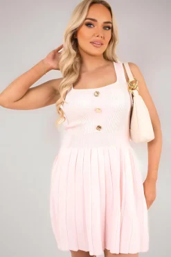 Pink Tahlia Sleeveless Square Neck Pleated Mini Dress with Gold Button Detail<IKRUSH Hot