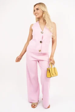Pink Valeria V Neck Sleeveless with Pocket Detail Top and Wide Leg Trousers Co-ord Set<IKRUSH Sale