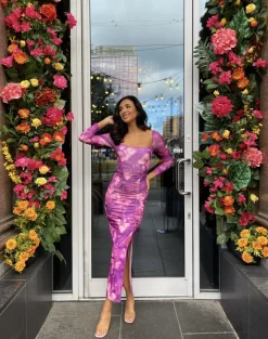 Purple Priscilla Printed Long Sleeve Cross-Tied Back Midi Dress<IKRUSH Fashion
