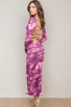Purple Priscilla Printed Long Sleeve Cross-Tied Back Midi Dress<IKRUSH Fashion