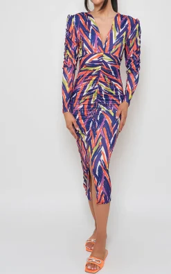 Purple Sierra Printed Ruched Front Midi Dress<IKRUSH Sale