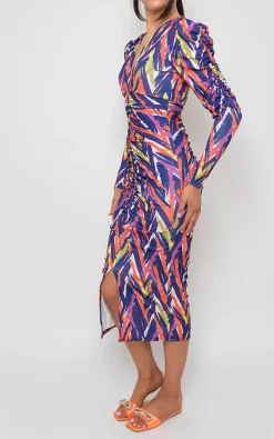 Purple Sierra Printed Ruched Front Midi Dress<IKRUSH Sale