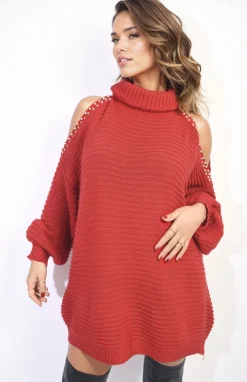 Red Bria High Neck Oversized Open Shoulder Long Sleeve Knitted Jumper<IKRUSH Sale