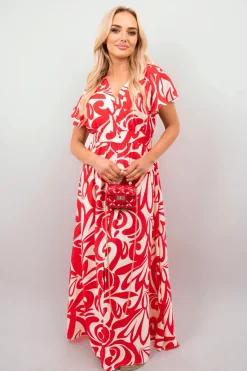 Red Celia Printed Short Sleeve Button Down V-Neck Maxi Dress<IKRUSH Hot