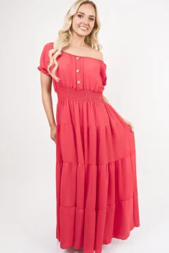 Red Emmy Smocked Waist Tiered Midi Dress<IKRUSH Sale