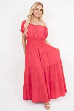 Red Emmy Smocked Waist Tiered Midi Dress<IKRUSH Sale