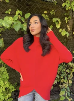 Red Janiyah Turtle Neck Longline Knitted Jumper<IKRUSH Online