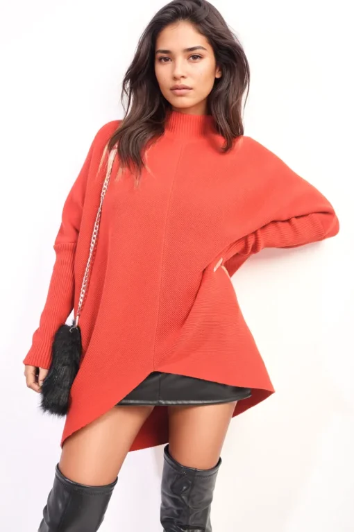Red Janiyah Turtle Neck Longline Knitted Jumper<IKRUSH Online