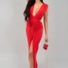 Red Julia Ruched Backless V Slit Women Bodycon Maxi Dress<IKRUSH Fashion
