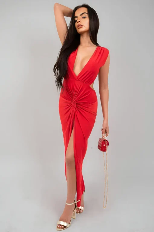 Red Julia Ruched Backless V Slit Women Bodycon Maxi Dress<IKRUSH Fashion