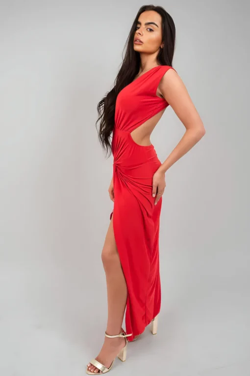 Red Julia Ruched Backless V Slit Women Bodycon Maxi Dress<IKRUSH Fashion