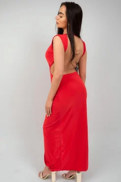 Red Julia Ruched Backless V Slit Women Bodycon Maxi Dress<IKRUSH Fashion