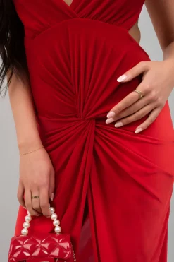 Red Julia Ruched Backless V Slit Women Bodycon Maxi Dress<IKRUSH Fashion