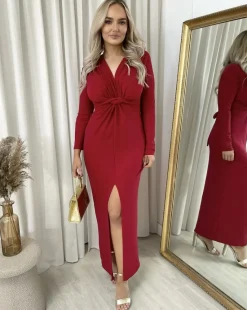 Red Lorena Glitter Twist Front Slit Maxi Dress<IKRUSH Best
