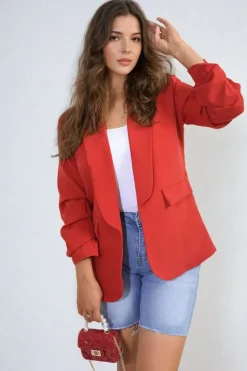 Red Valerie Ruched Sleeve Open Front Blazer Jacket with Front Pockets<IKRUSH Fashion