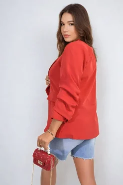 Red Valerie Ruched Sleeve Open Front Blazer Jacket with Front Pockets<IKRUSH Fashion