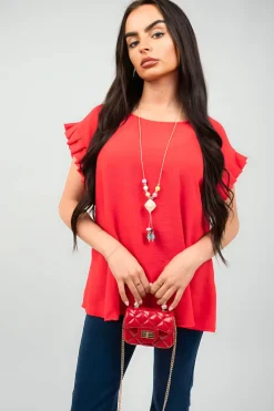 Red Vera Ruffle Trim Sleeve Top<IKRUSH Discount
