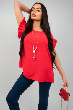 Red Vera Ruffle Trim Sleeve Top<IKRUSH Discount