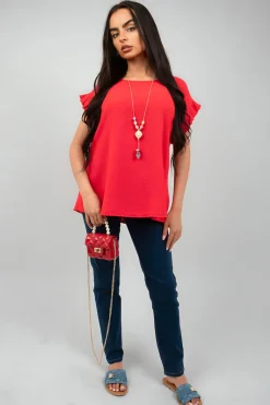 Red Vera Ruffle Trim Sleeve Top<IKRUSH Discount