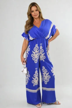 Royal blue Romina Printed Cross Front Wide Leg Jumpsuit<IKRUSH Clearance