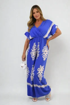 Royal blue Romina Printed Cross Front Wide Leg Jumpsuit<IKRUSH Clearance