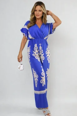 Royal blue Romina Printed Cross Front Wide Leg Jumpsuit<IKRUSH Clearance