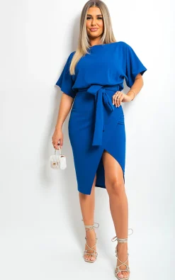 Royal Ezra Belted Wrap Front Kimono Sleeve Midi Dress<IKRUSH New
