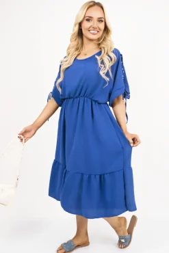 Royal Fianna Round Neck Short Sleeve Midi Dress with Tie Sleeve Detail<IKRUSH New