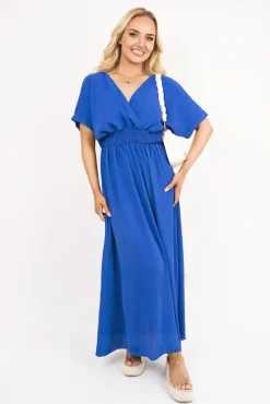 Royal Meissa V Neck Short Sleeve Maxi Dress with Shirred Waist<IKRUSH Hot