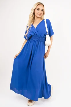 Royal Meissa V Neck Short Sleeve Maxi Dress with Shirred Waist<IKRUSH Hot