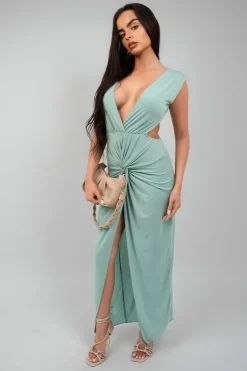 Sage Julia Ruched Backless V Slit Women Bodycon Maxi Dress<IKRUSH Online
