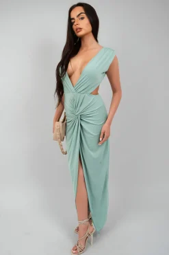 Sage Julia Ruched Backless V Slit Women Bodycon Maxi Dress<IKRUSH Online
