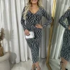Silver Evelyn Printed V-Neck Long Sleeve Glitter Midi Dress<IKRUSH Discount