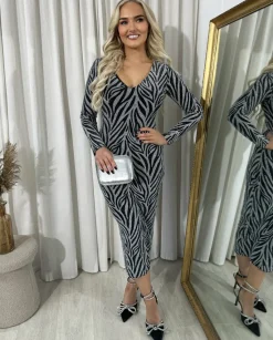 Silver Evelyn Printed V-Neck Long Sleeve Glitter Midi Dress<IKRUSH Discount