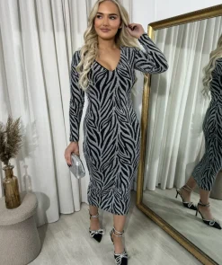 Silver Evelyn Printed V-Neck Long Sleeve Glitter Midi Dress<IKRUSH Discount