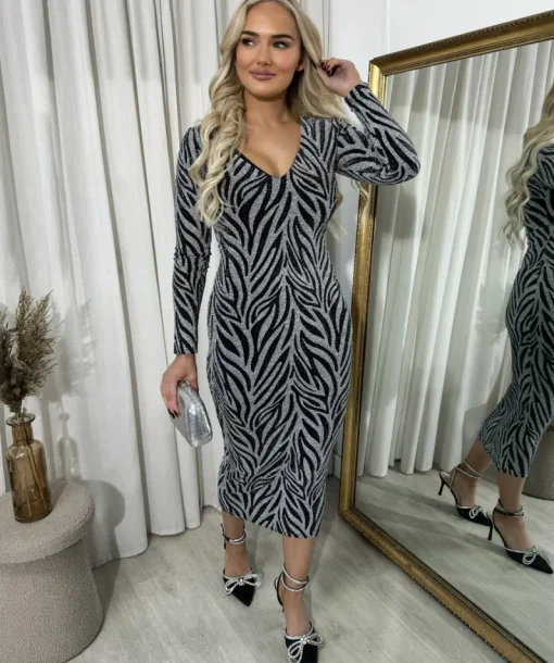 Silver Evelyn Printed V-Neck Long Sleeve Glitter Midi Dress<IKRUSH Discount