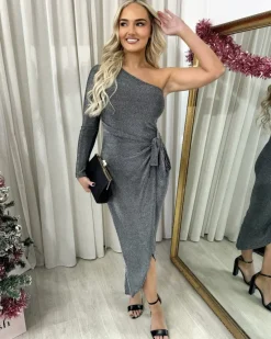 Silver Jodie One Shoulder Wrap Front Glitter Midi Dress<IKRUSH Outlet