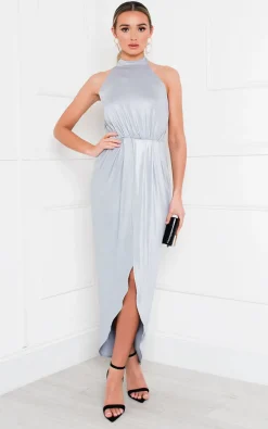 Silver Serena Halterneck Backless Maxi Dress<IKRUSH New